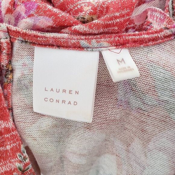 LC Lauren Conrad Floral Knit Top M Burnt Orange Red Ruffle Accent Long Sleeve - Picture 6 of 7